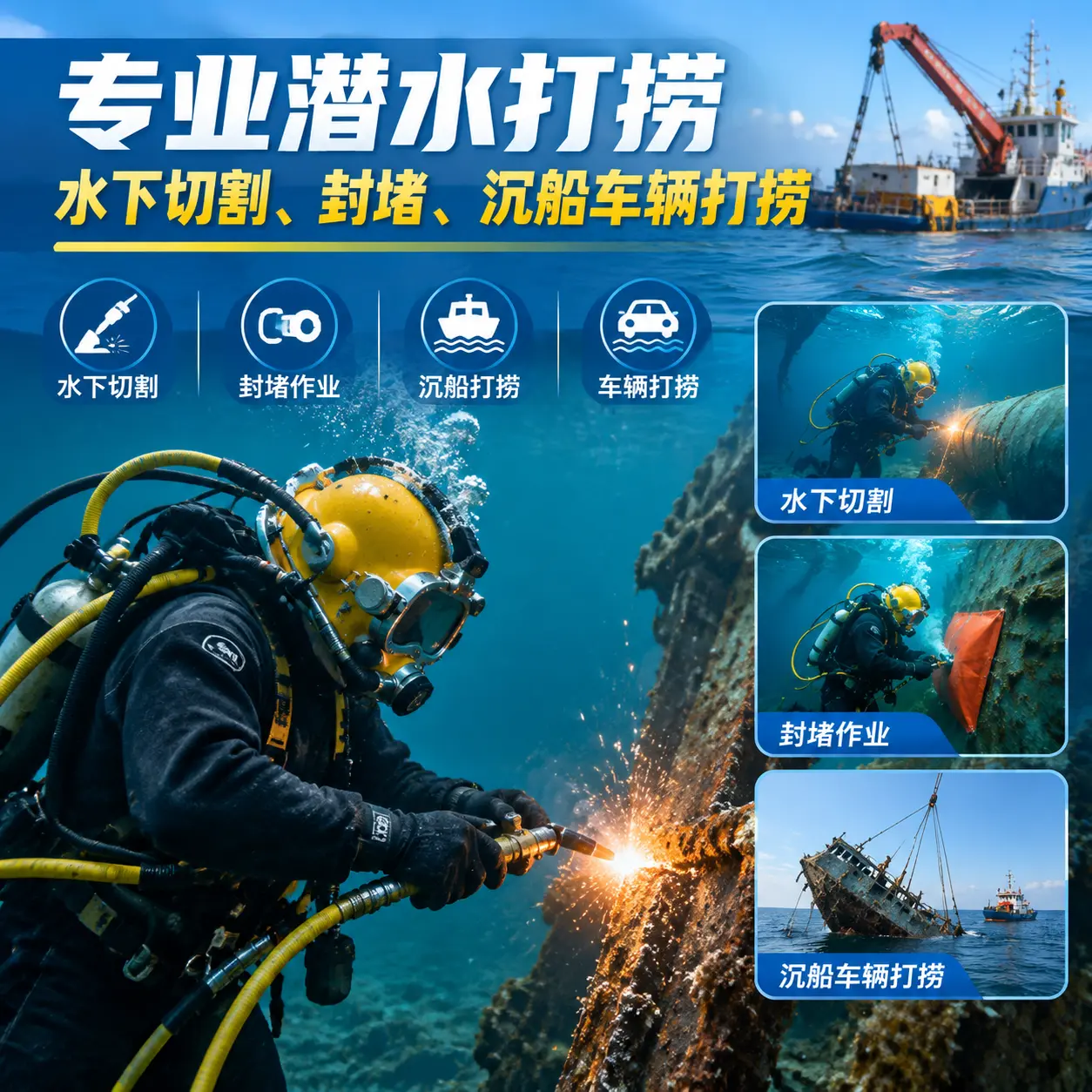 专业潜水打捞｜水下切割、封堵、沉船车辆打捞浈江